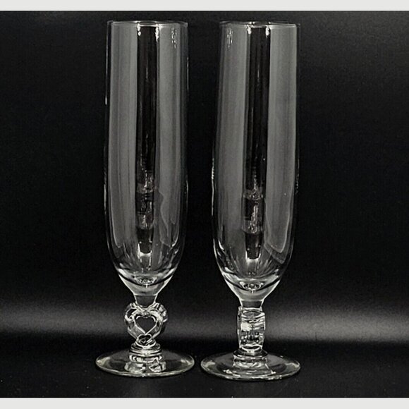 2) Libbey Glass Romance Champagne Flutes 9" cut glass heart shaped stem 2006 - Picture 1 of 7